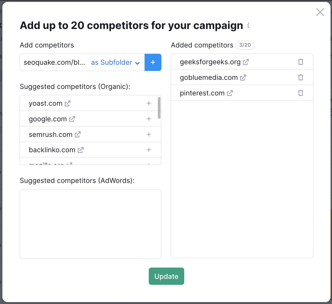 A pop-up menu for adding competitors in Position Tracking. The following fields are available: Add competitors, Suggested competitors (Organic), Suggested competitors (Ad Words), Added competitors. Below these fields, the Update button is located.