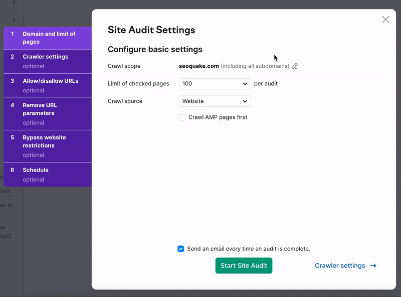 A GIF displaying basic Site Audit settings. The number of pages and a crawl source are being selected, demonstrating available options. After selecting the desired number of pages to crawl and a crawl source, a cursor heads down to the green Start Site Audit button.