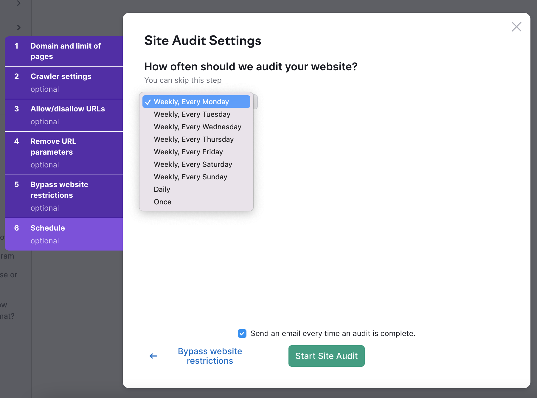 An example of schedule options on the last tab of Site Audit setup menu. A dropdown menu is opened, demonstrating weekly option for each day of the week, daily, and one-time crawl option.