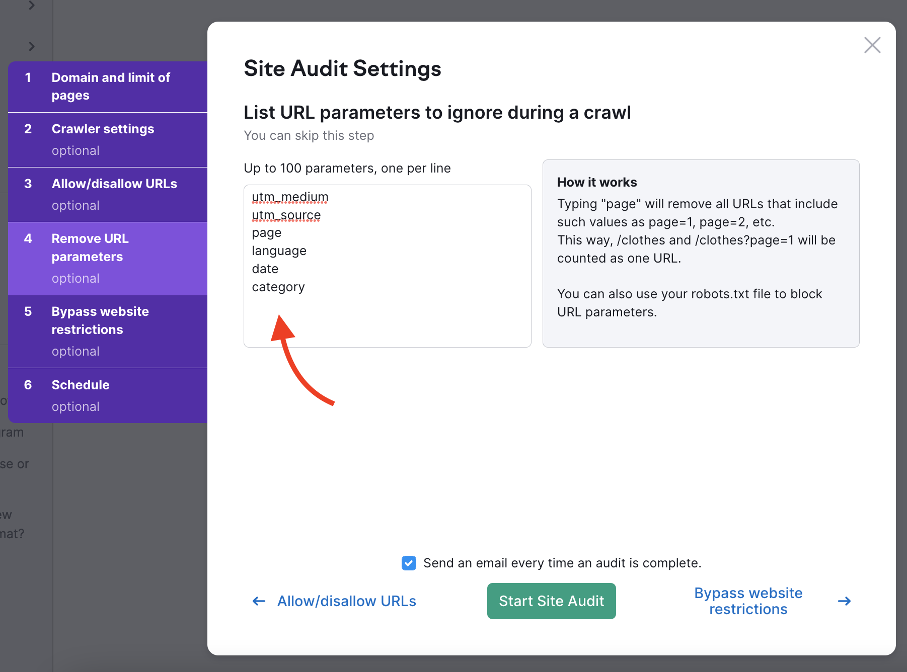Site Audit url parameters