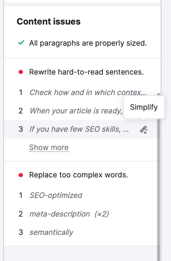 SEO Writing Assistant simplify button