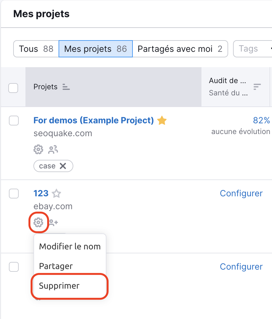 Menu des projets