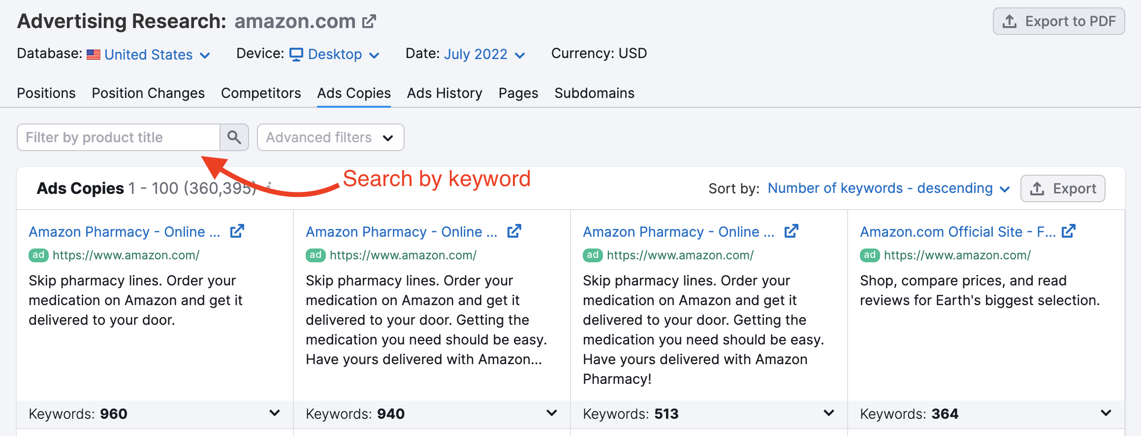 Advertising Research Ad Copies report. A red arrow points to the 'filter by product table' search bar. The red arrow is labeled as 'search by keyword'. 