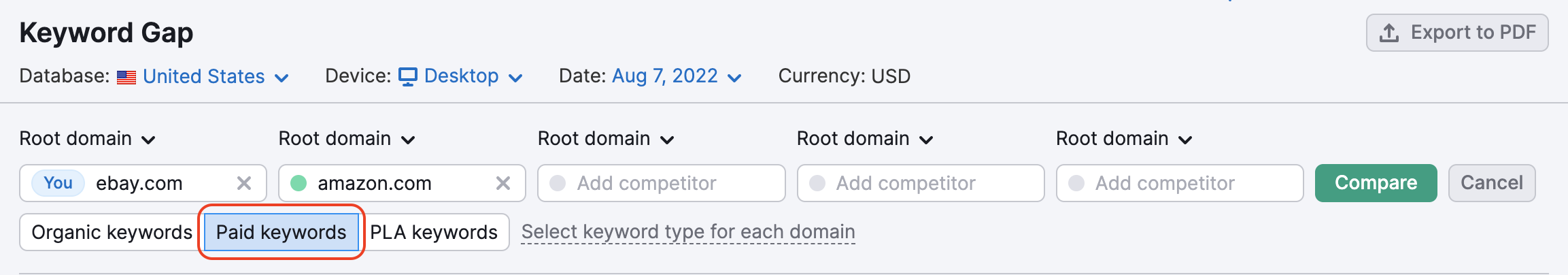 Strumento Gap di keyword. Un rettangolo rosso evidenzia il filtro delle parole chiave a pagamento nella parte superiore dello strumento. 