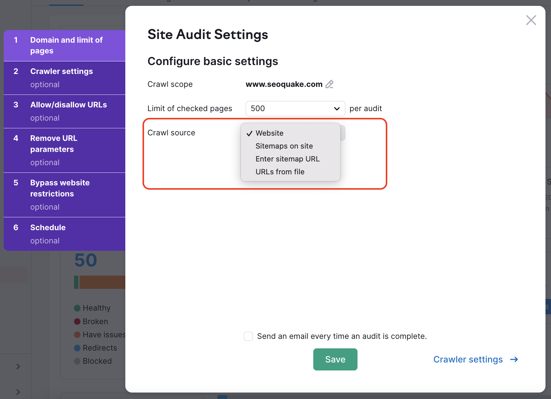 Crawl source options are highlighted in the Site Audit Settings window.