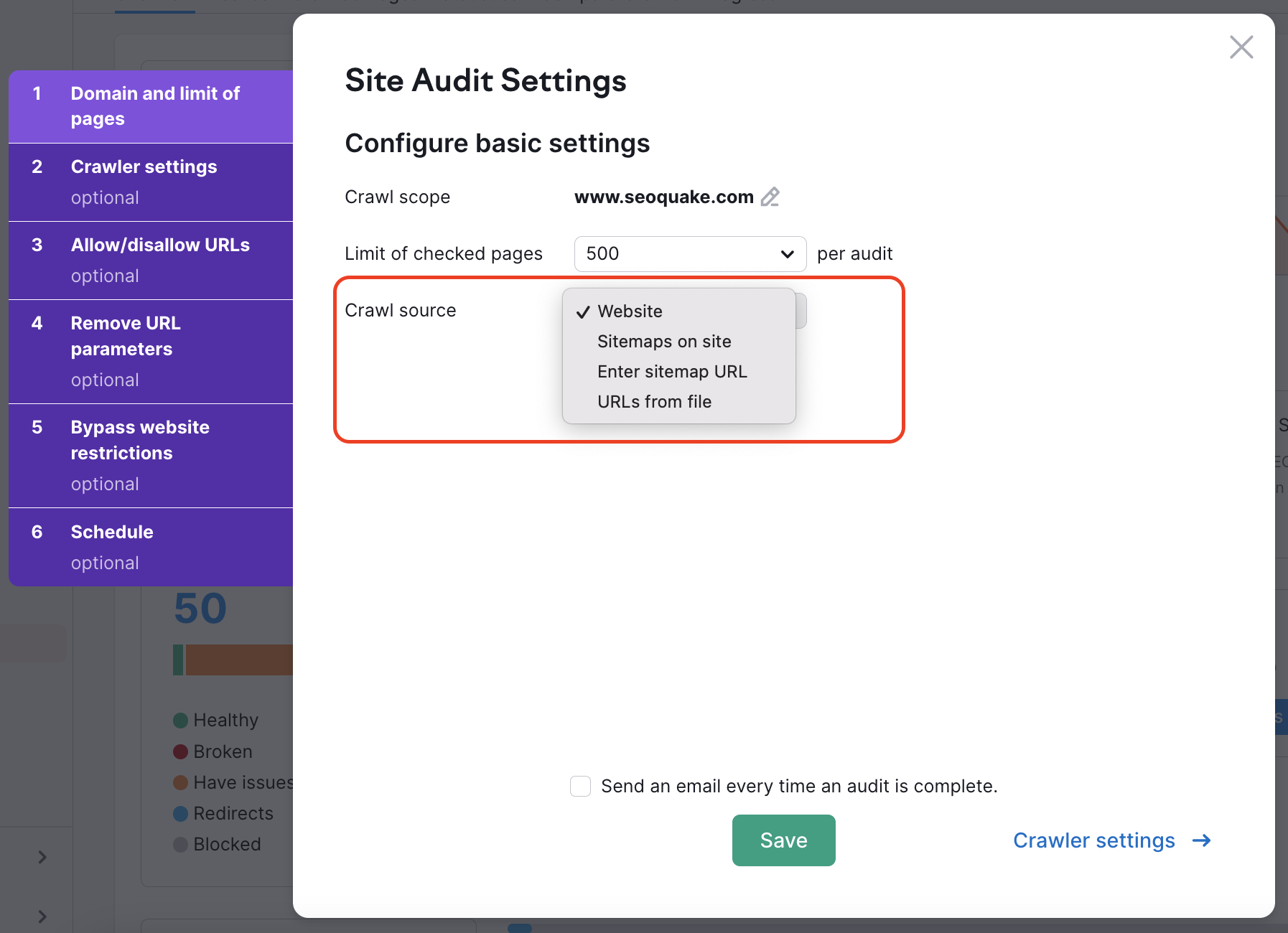 Le opzioni relative all'origine del crawl sono evidenziate nella finestra Impostazioni di Site Audit.