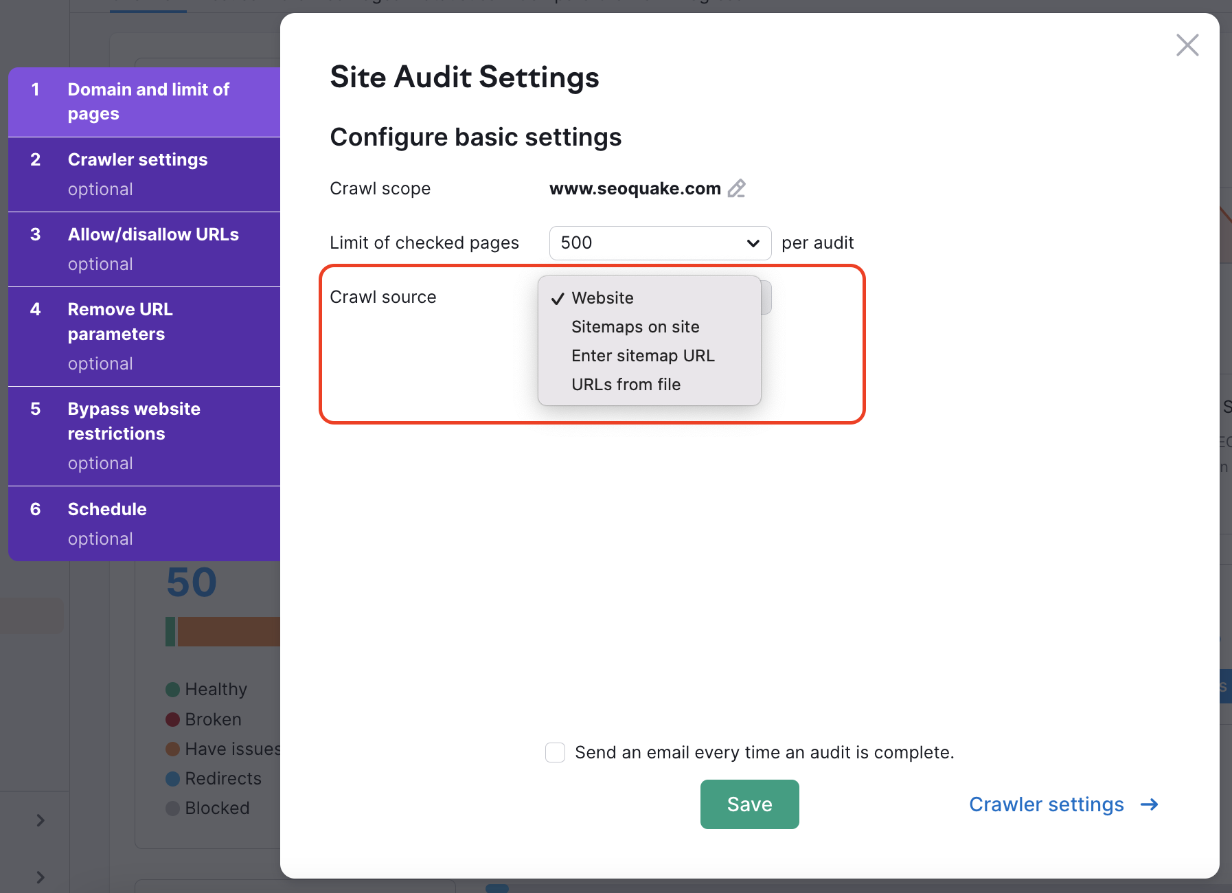 Site Audit crawl source