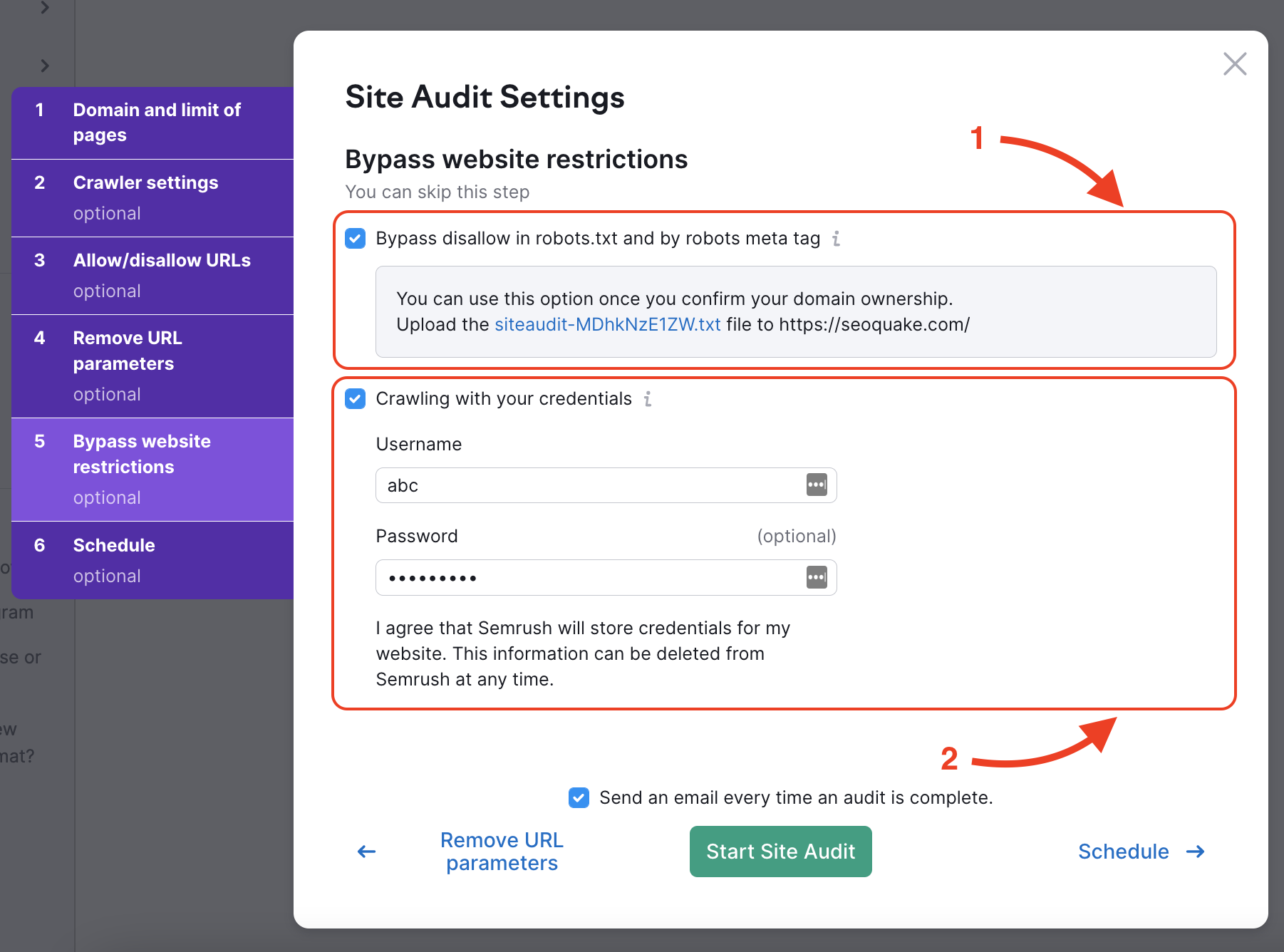 Site Audit bypass restrictions