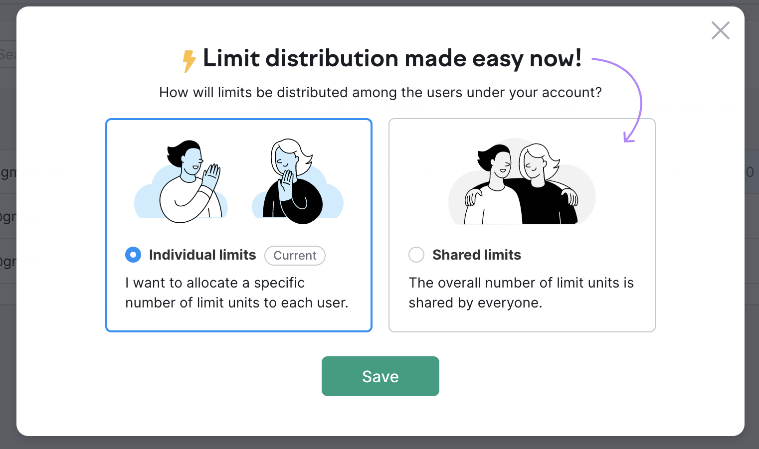 Options de partage des unités. 