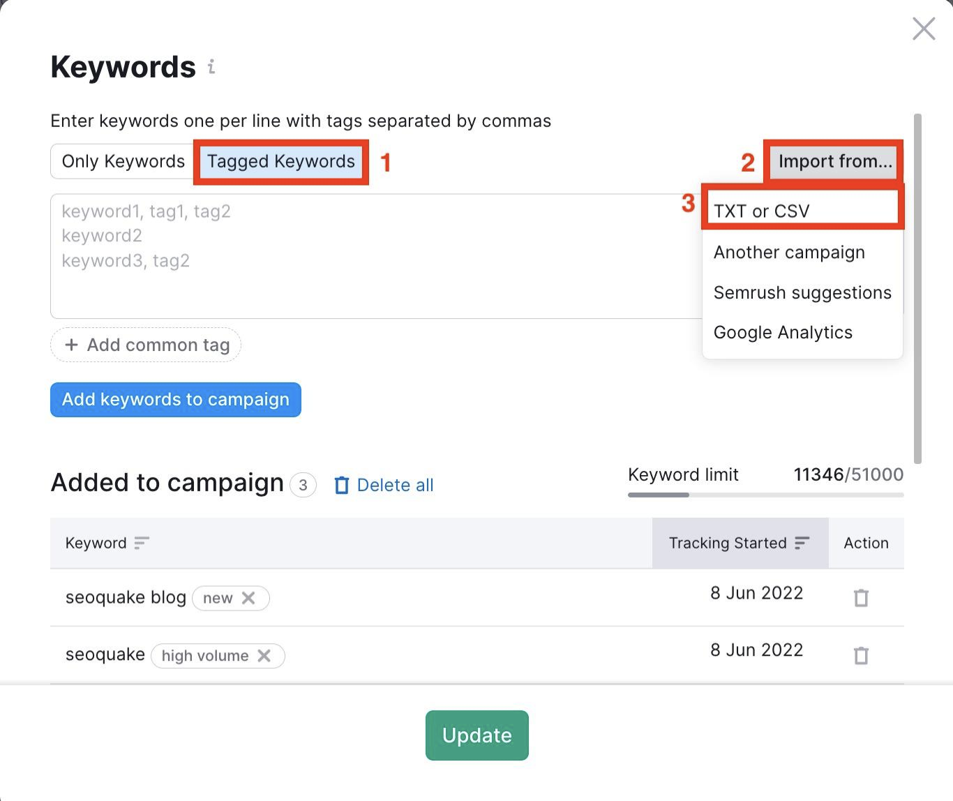 Como fazer upload de um arquivo TXT/CSV com palavras-chave com tags para Monitoramento de posição? image 5