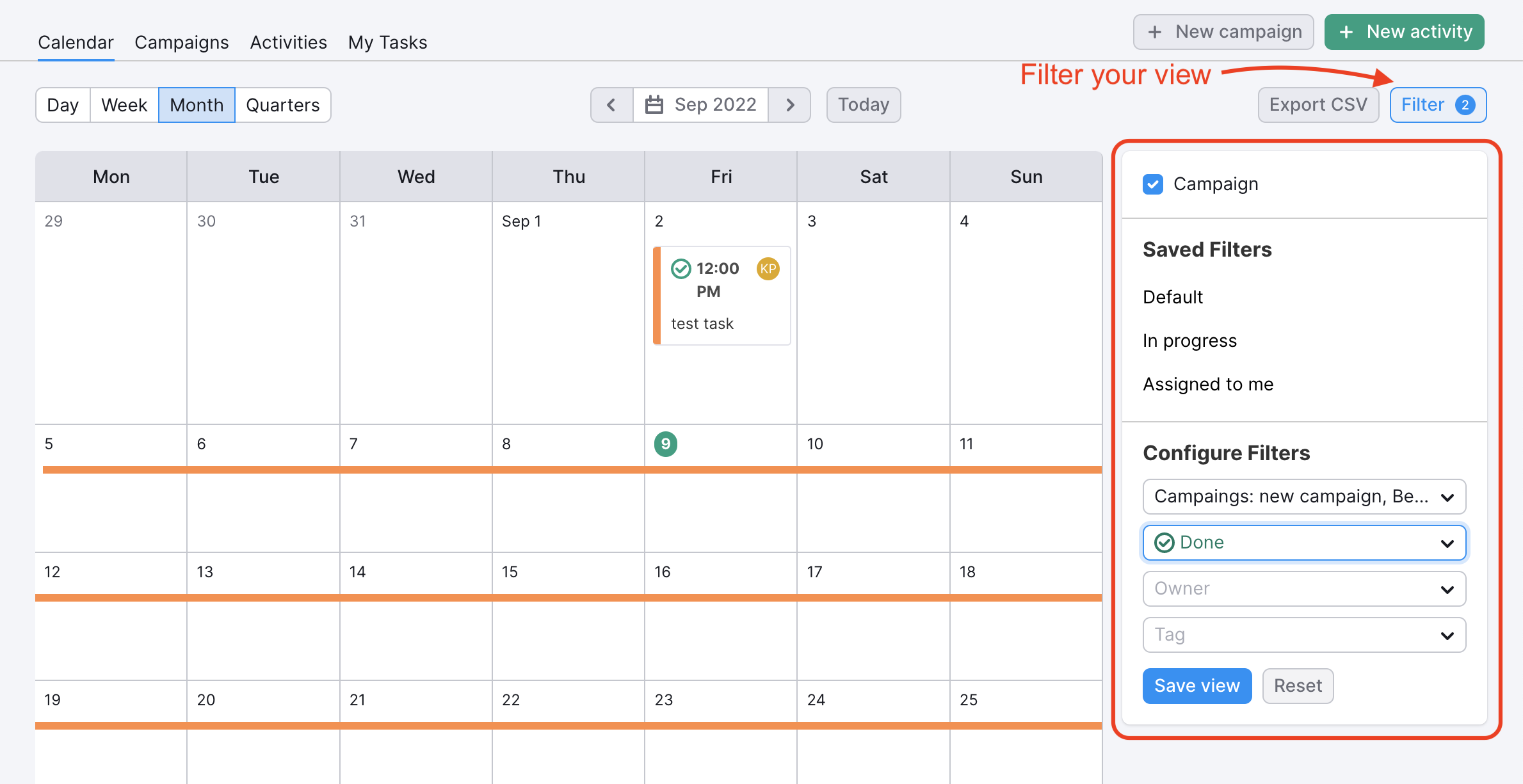 An example of the Marketing calendar with a monthly layout, a red arrow is pointing to the Filter button in the top-right corner, and the red rectangle highlights the drop-down menu , where you can configure filters. 