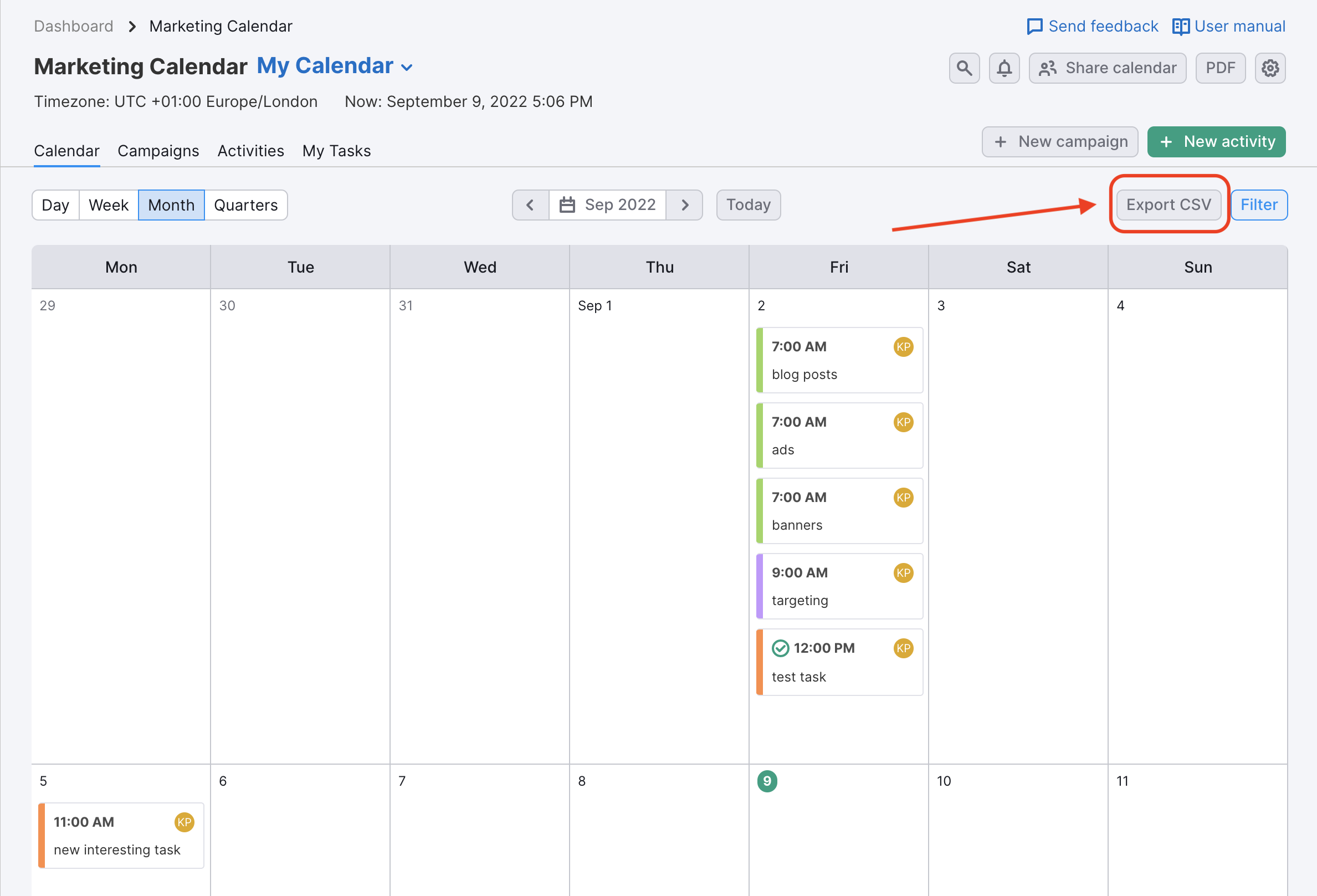 An example of the Marketing calendar with a monthly layout, a red arrow is pointing to the Export CSV button in the top-right corner.