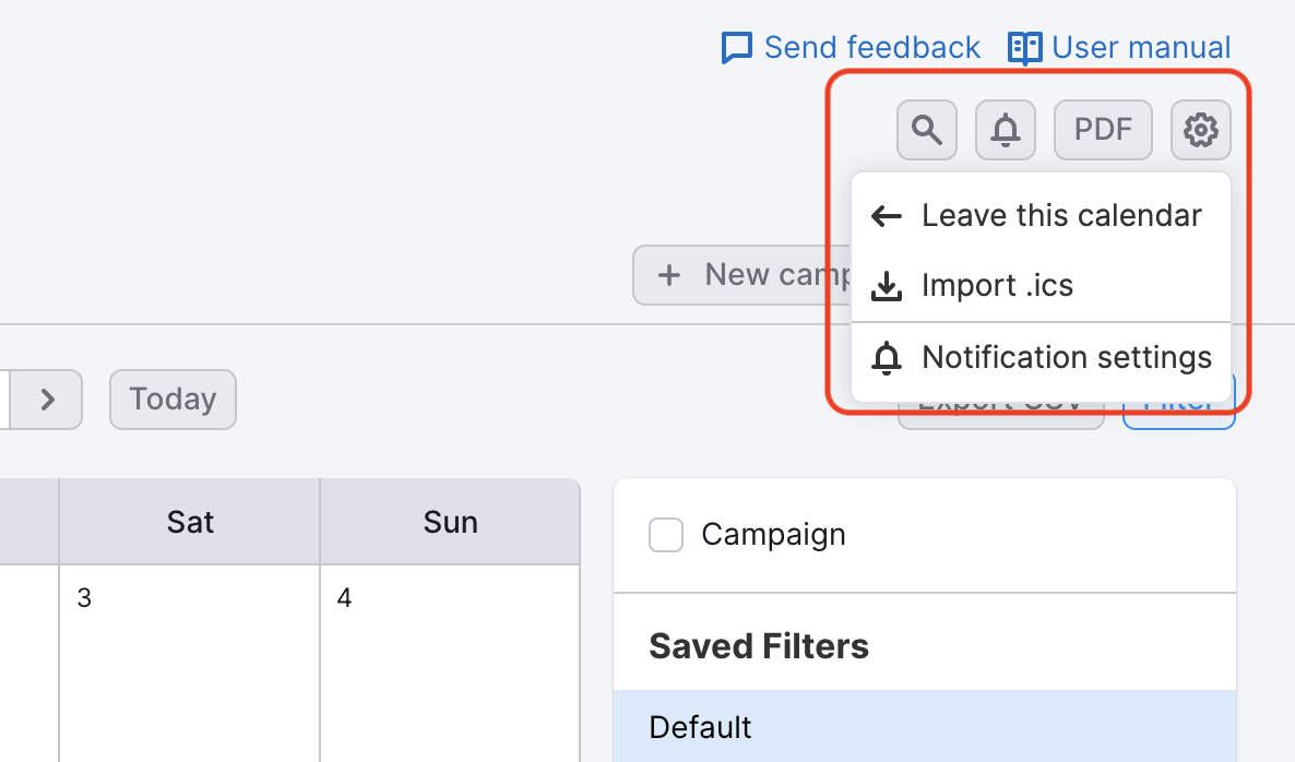 A red rectangle highlighting the settings drop-down in Marketing calendar: you can leave this calendar, import .ics or manage notifications. 
