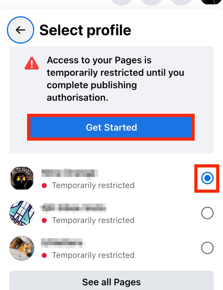 A notification that access to a page is temporarily restricted. You can click "Get Started" to authorize it. 