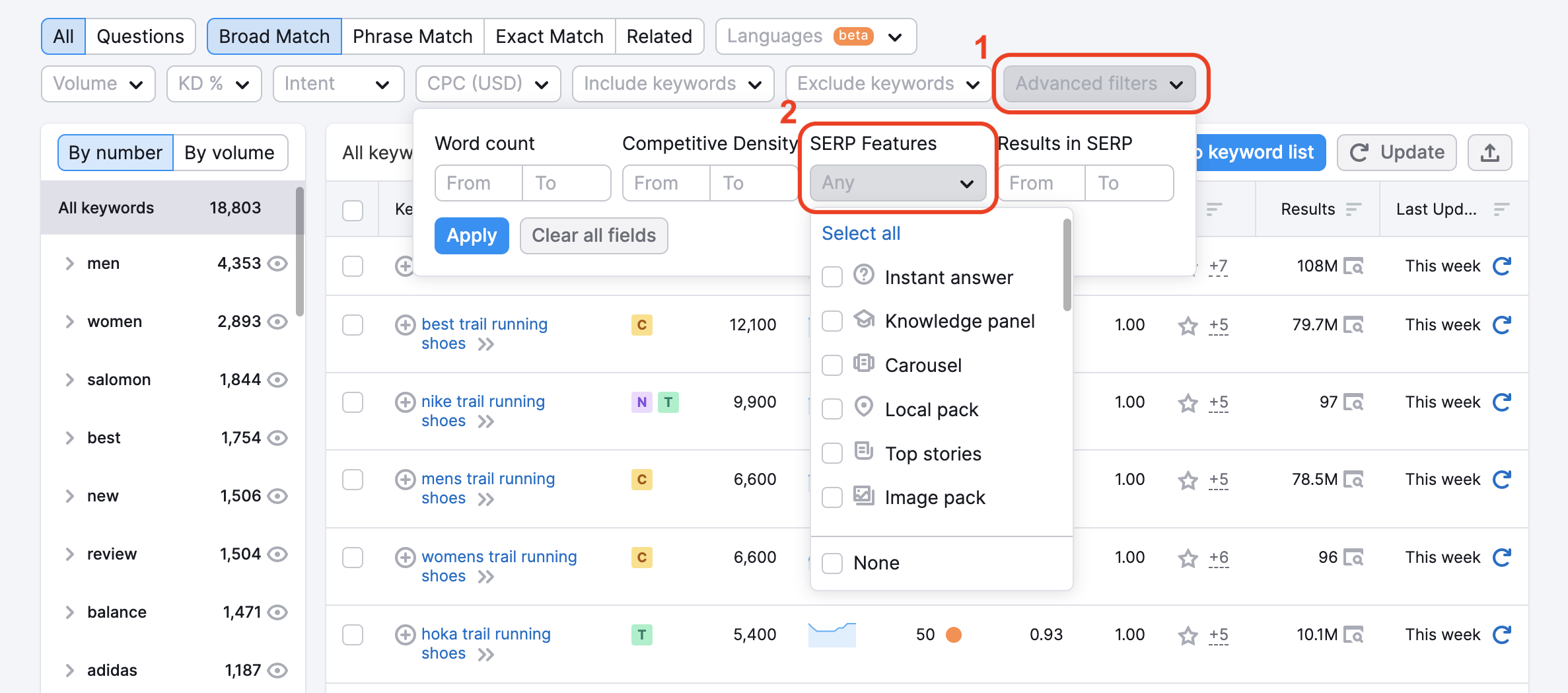 SERP Features filter in Keyword Magic Tool