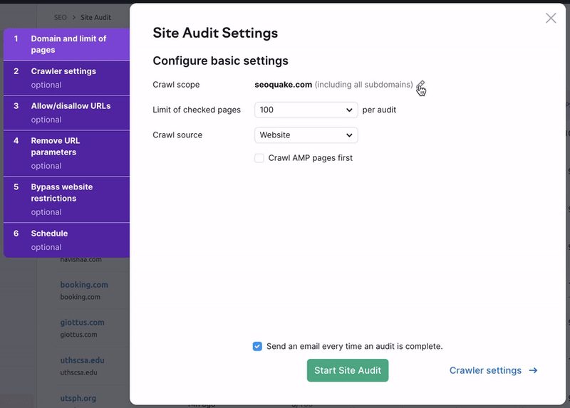 Denomination of how to audit a subdomain of your site within the settings window. 