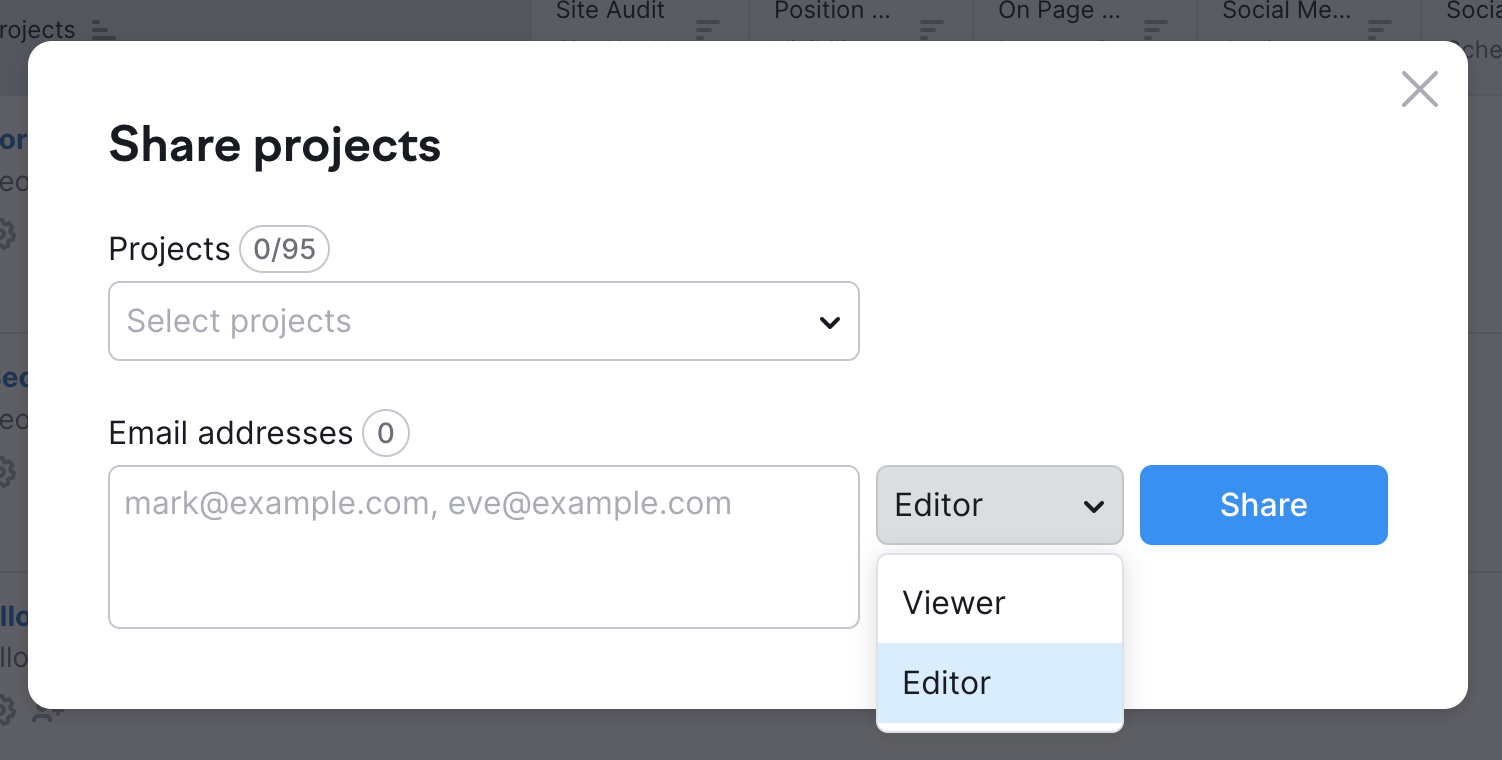 An example on what the Share projects menu looks like. A small pop-up window allows selecting multiple Projects to share them all at once, as well as setting up the list of all users who will have access, and determining what access level they are going to have.
