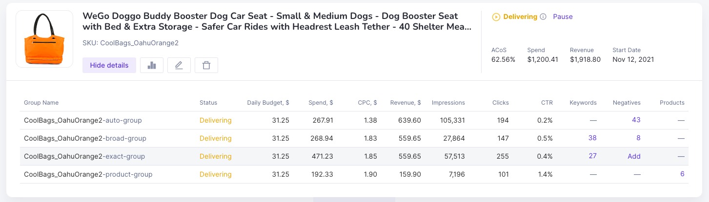 PPC Optimizer product list detailed view