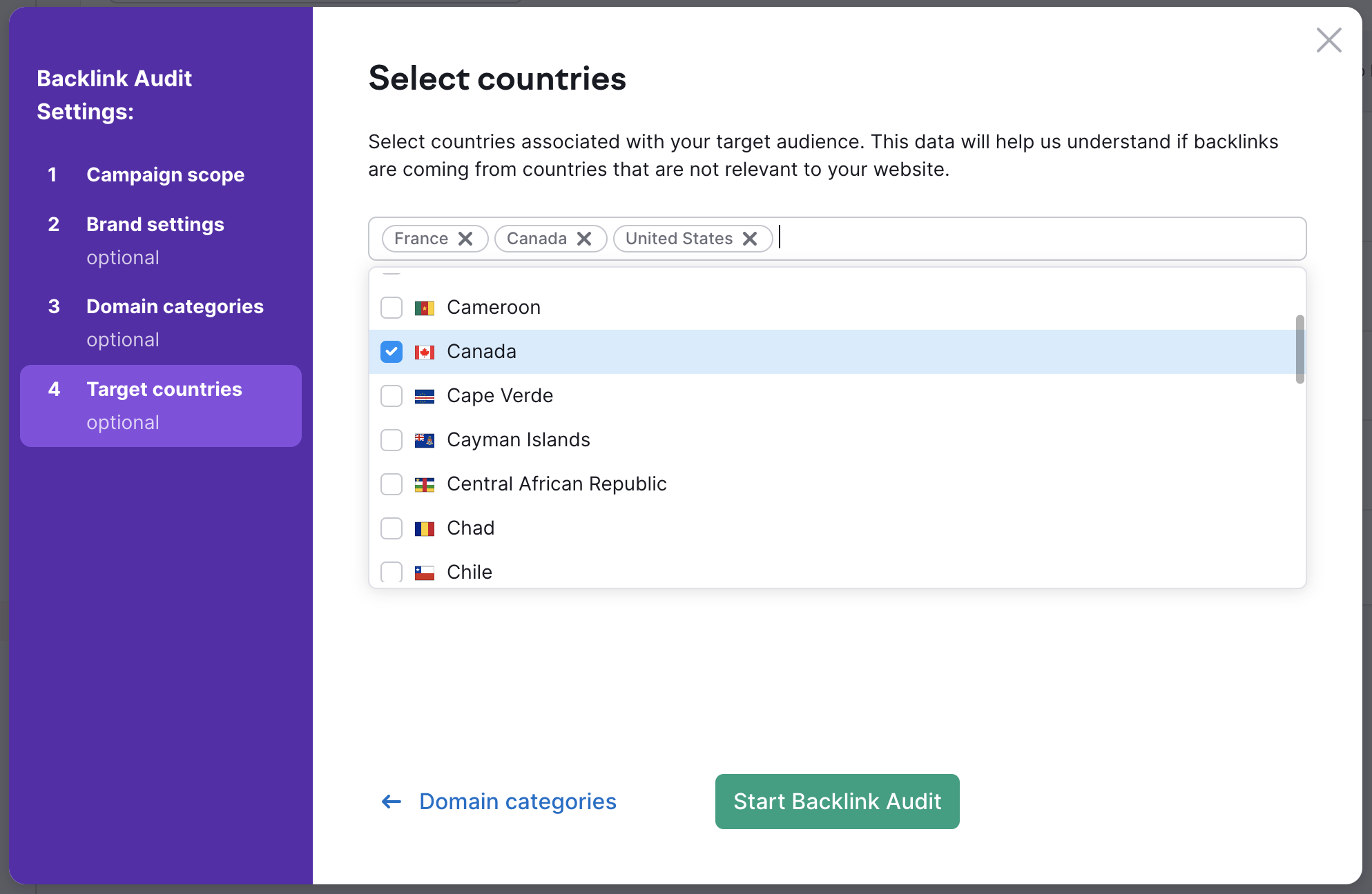 Target countries in Backlink Audit