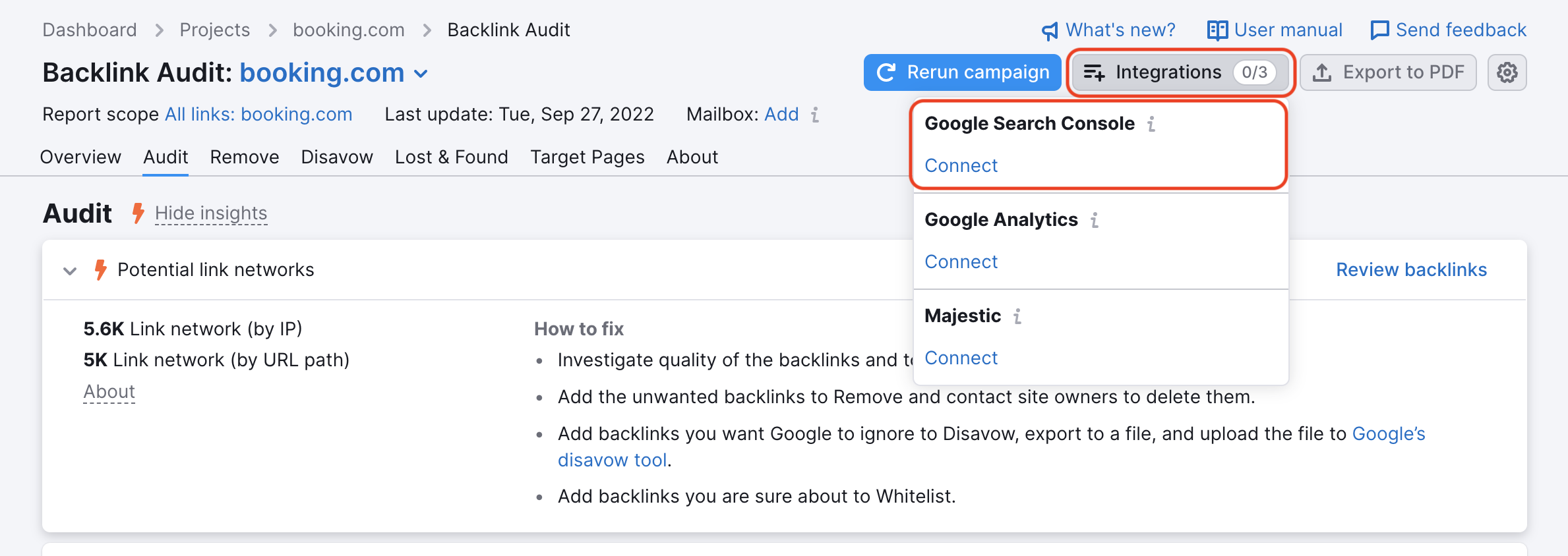 Google Search Console integration in Backlink Audit