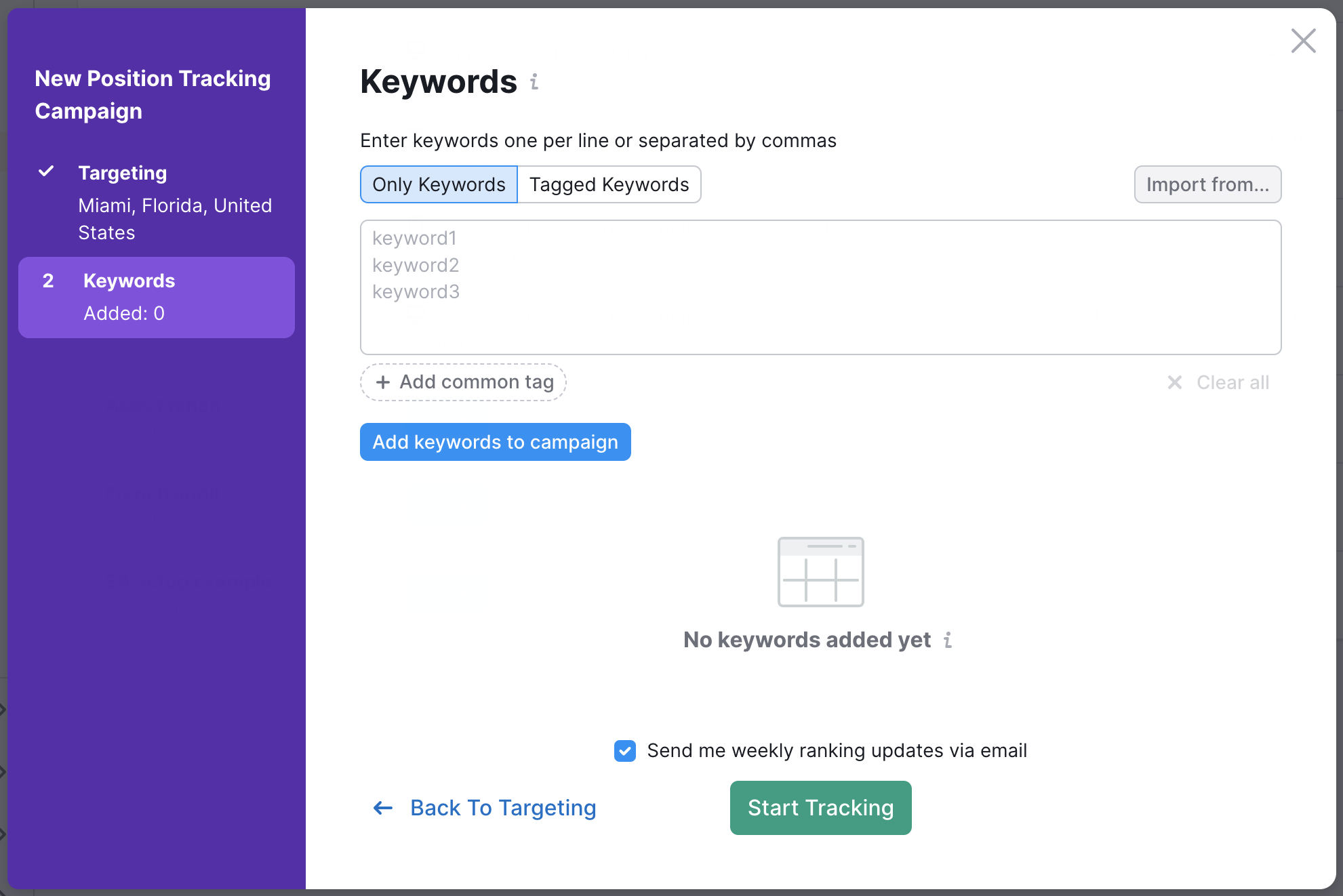 Uploading keywords in Position Tracking