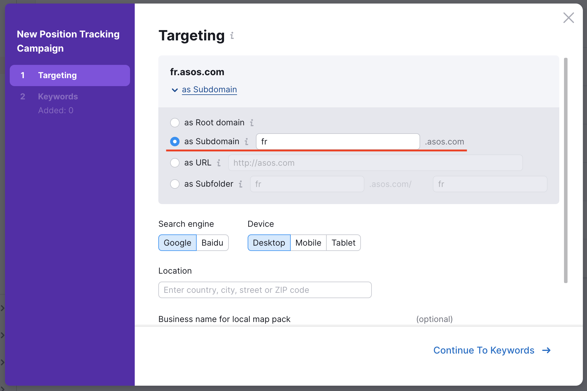 Position Tracking subdomain settings