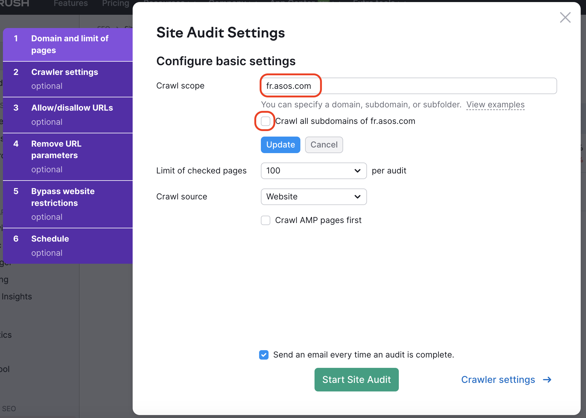 Site Audit setup unchecking the box