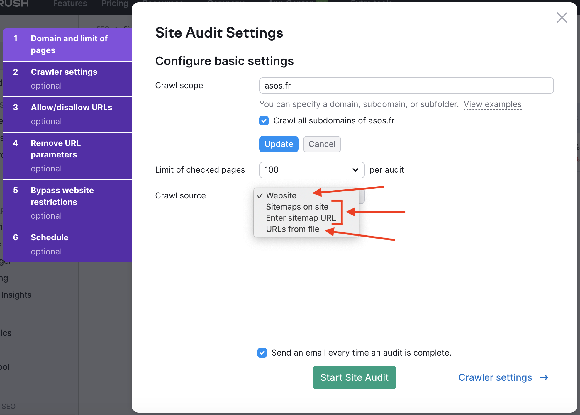 Site Audit setup crawl sources