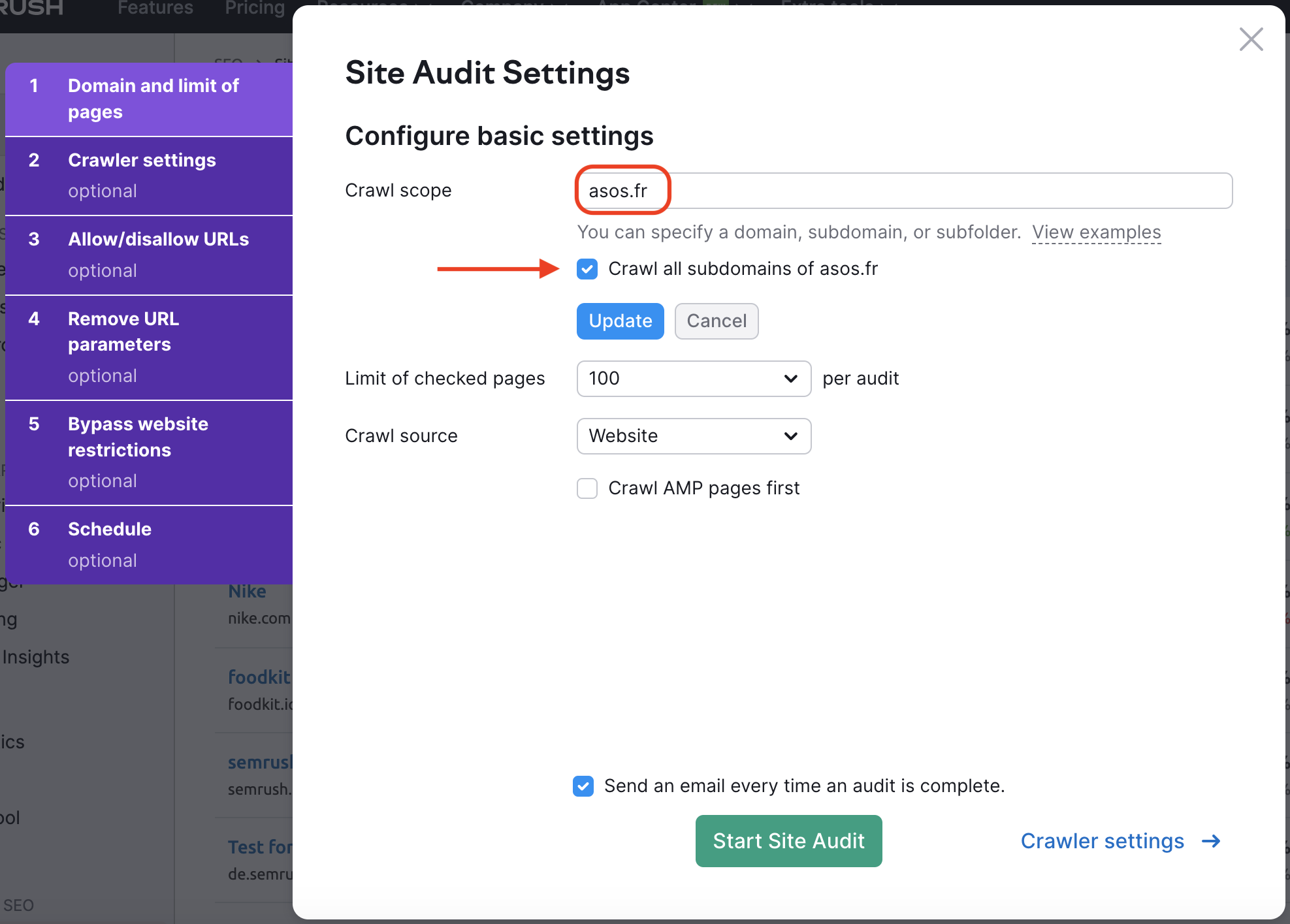 Site Audit setup step 1