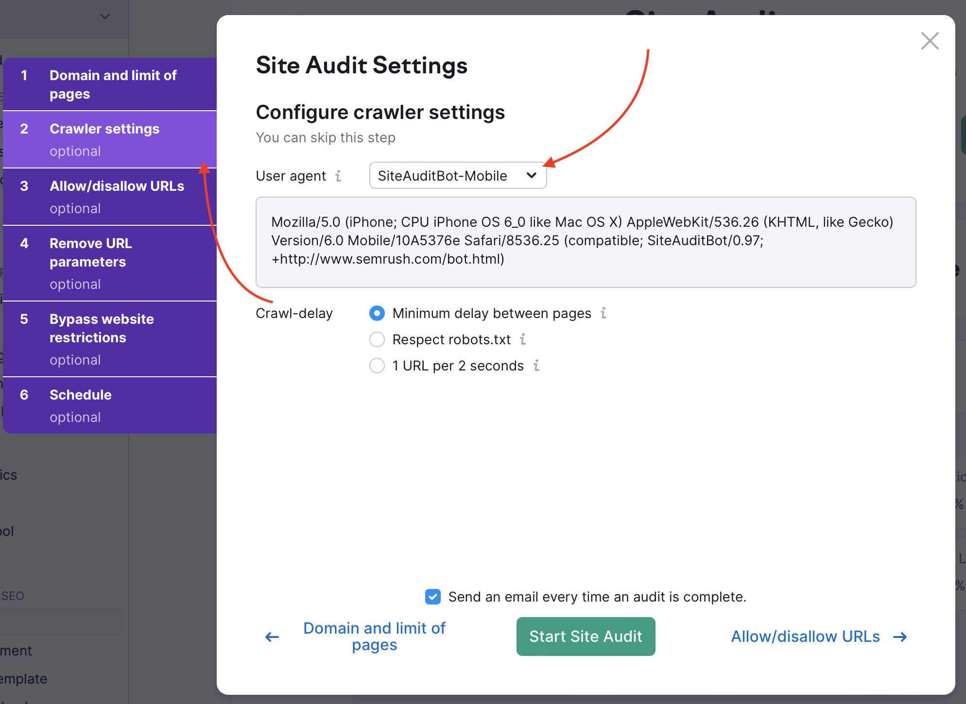 site audit settings crawler
