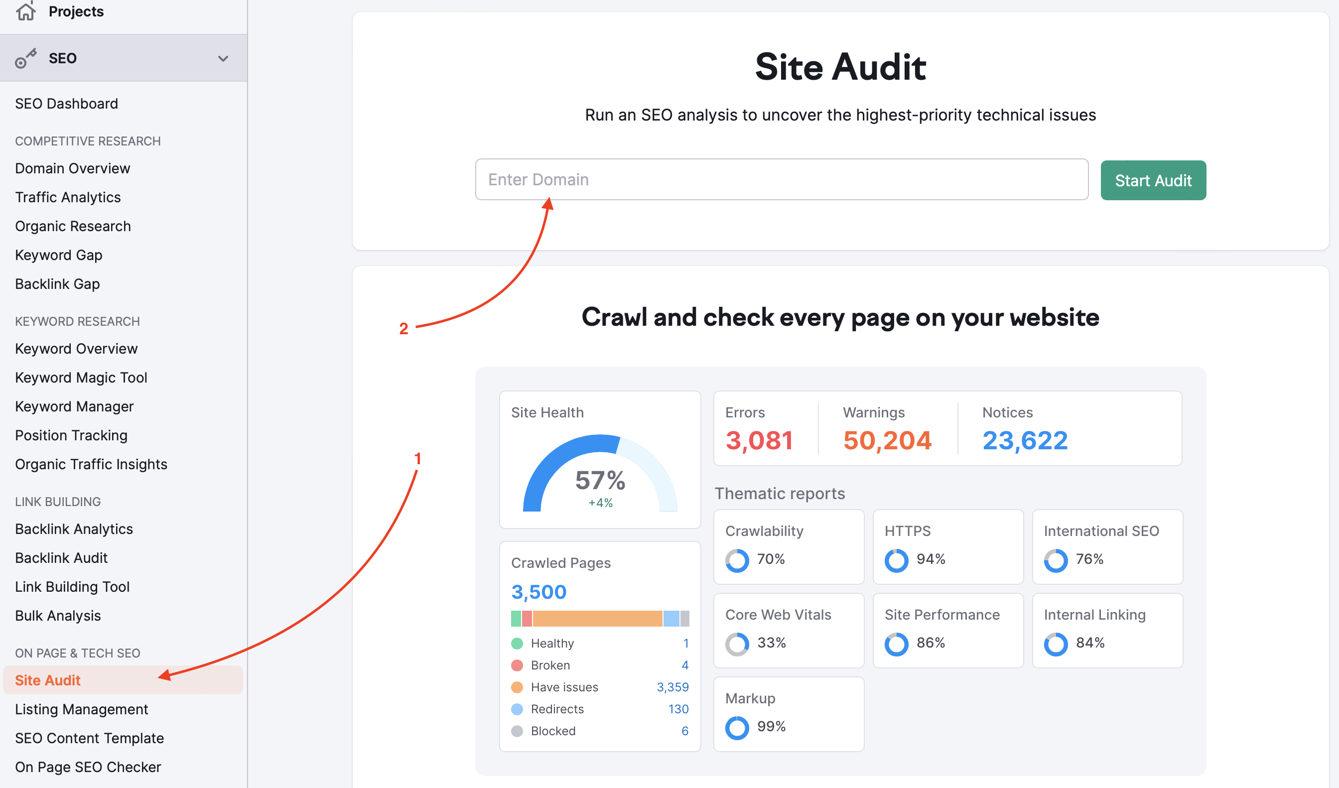 Ein Beispiel für die Startseite von Site Audit, die angezeigt wird, wenn noch keine Projekte erstellt worden sind. Zwei rote Pfeile sind vorhanden – einer zeigt auf den Namen des Tools in der Liste auf der linken Seite, um es leichter auffindbar zu machen. Der zweite zeigt auf die Suchleiste und fordert Sie auf, eine Website anzugeben und ein neues Projekt zu starten.