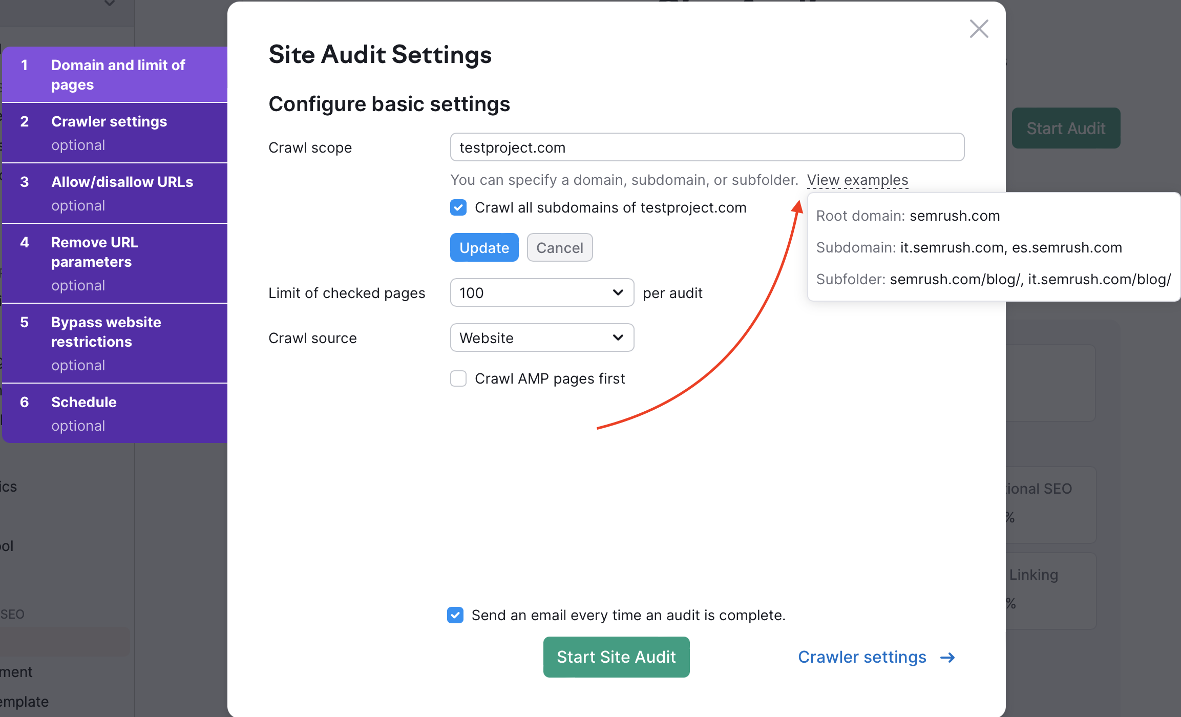 site audit settings subdomain/subfolder