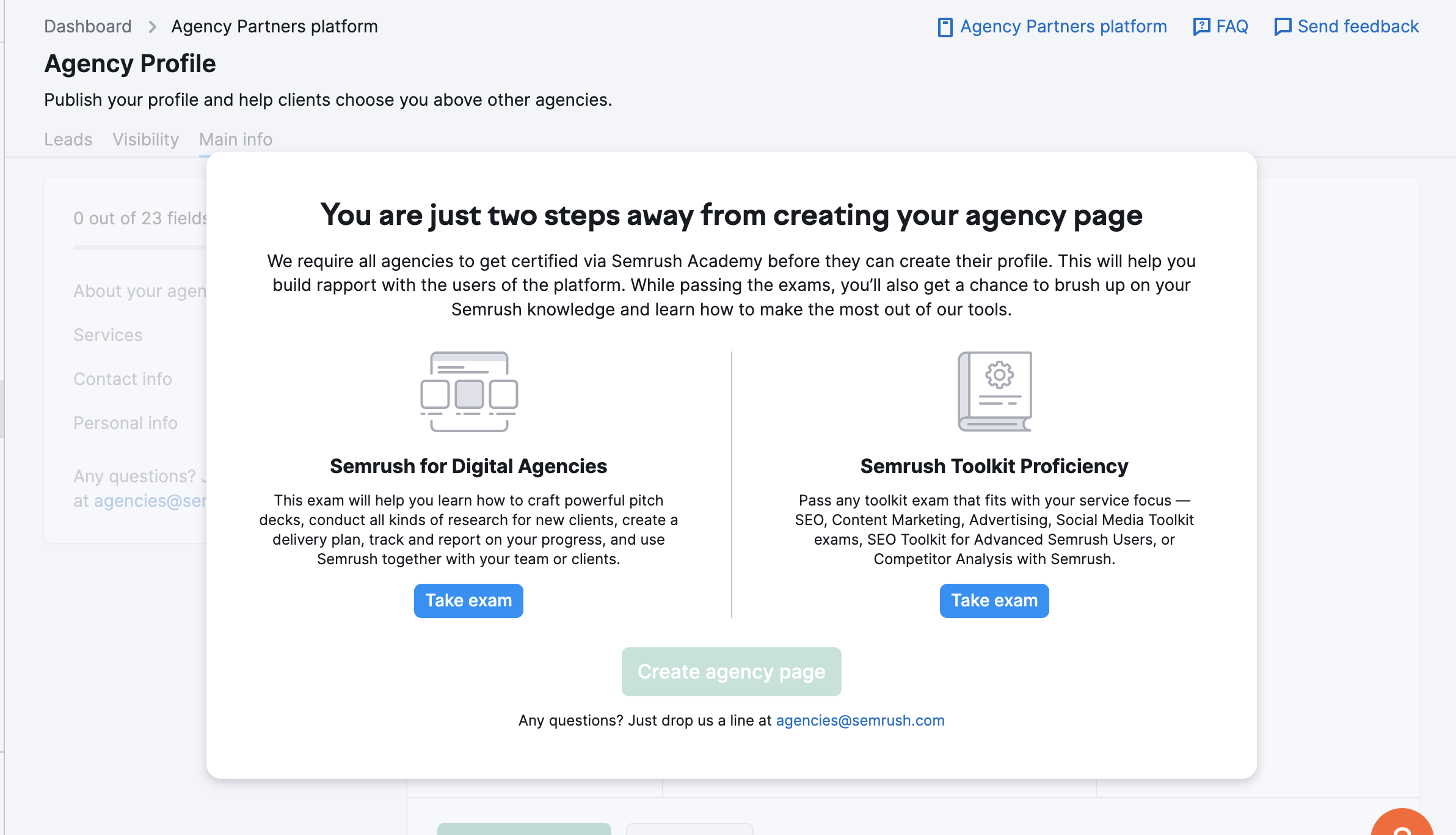 Agency Partners starting page