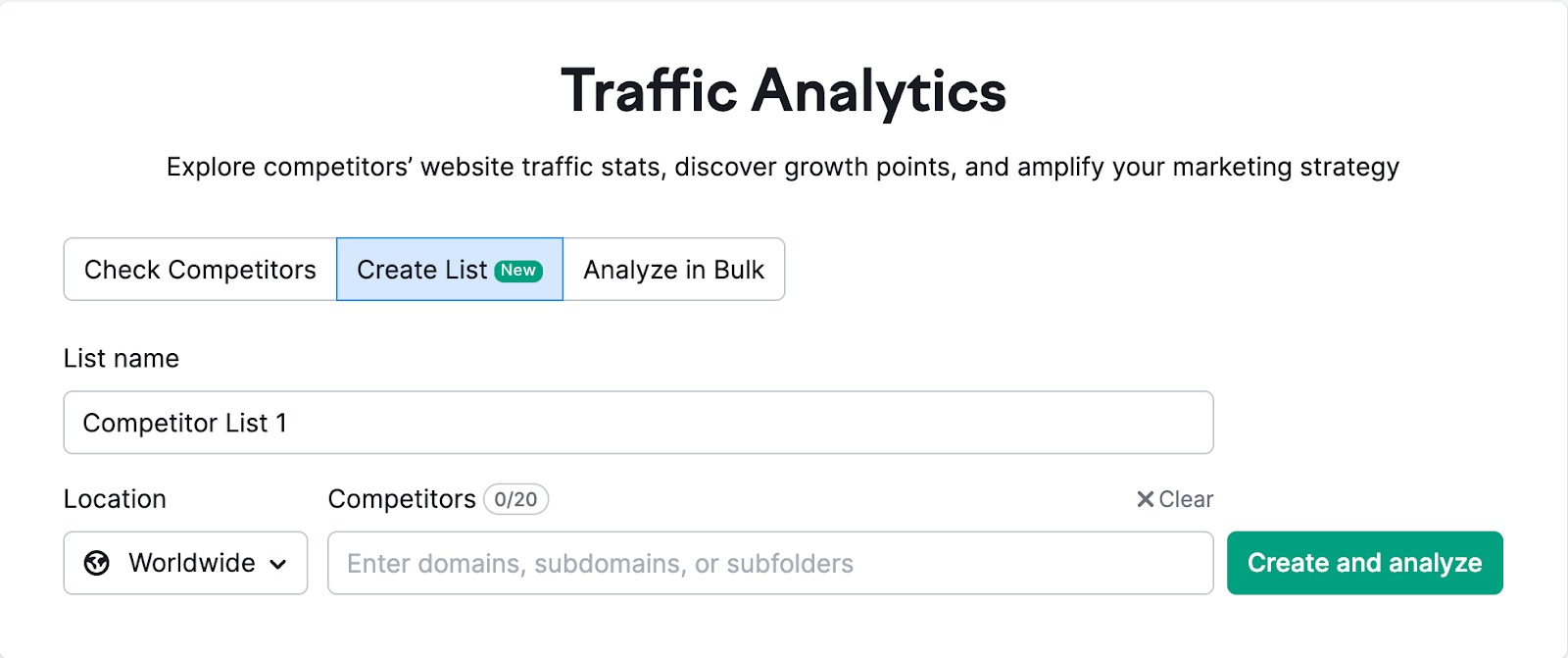 Traffic Analytics Create List option