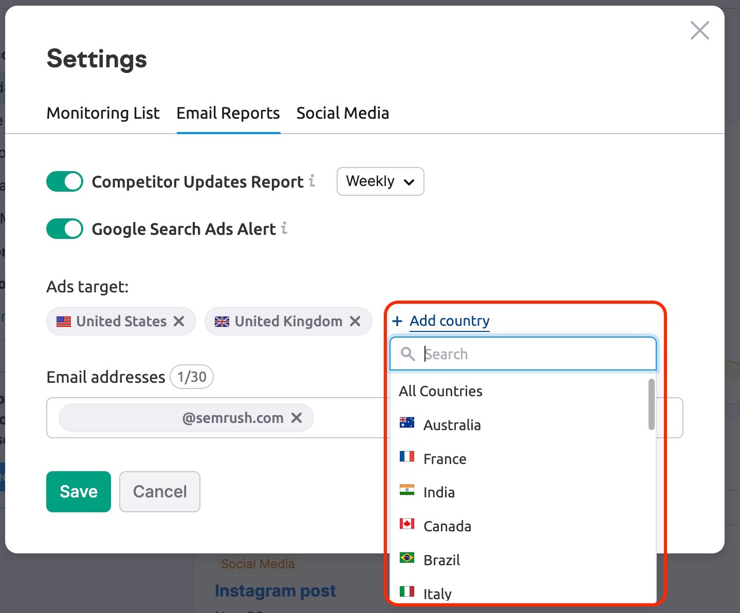 Adding a country for monitoring