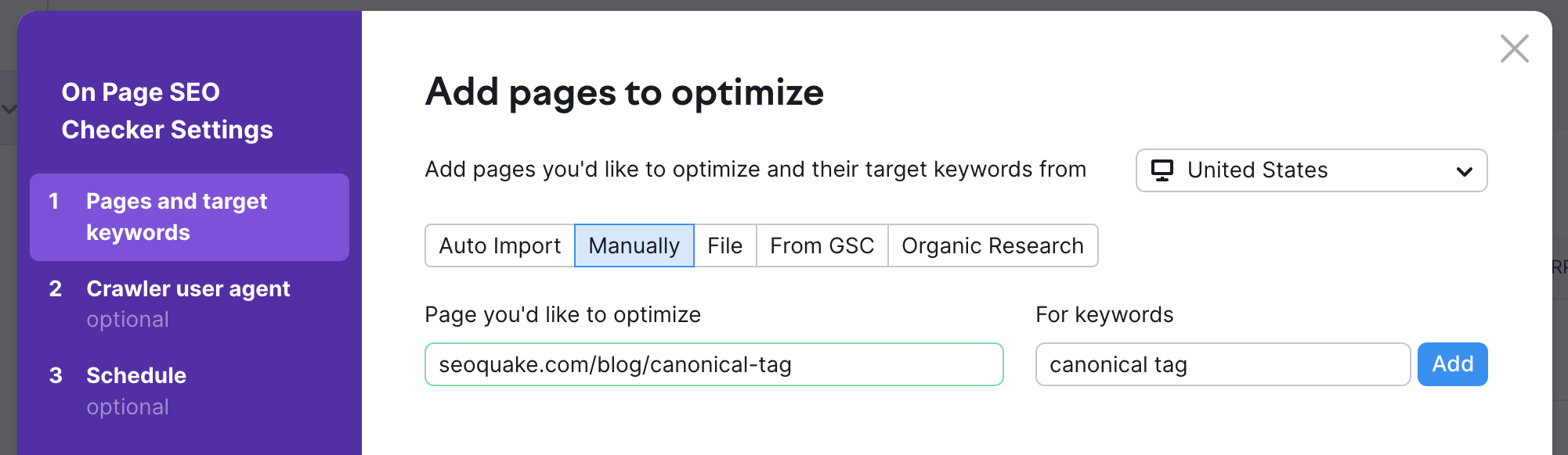 On Page SEO Checker settings pop up. 