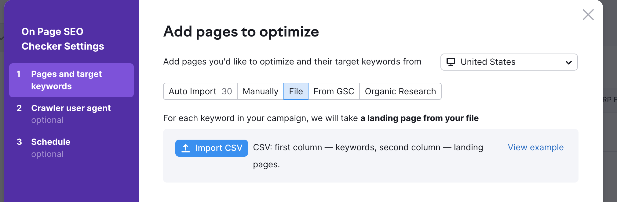 On Page SEO Checker settings - step 1 pages and target keywords. The file tab is selected. 