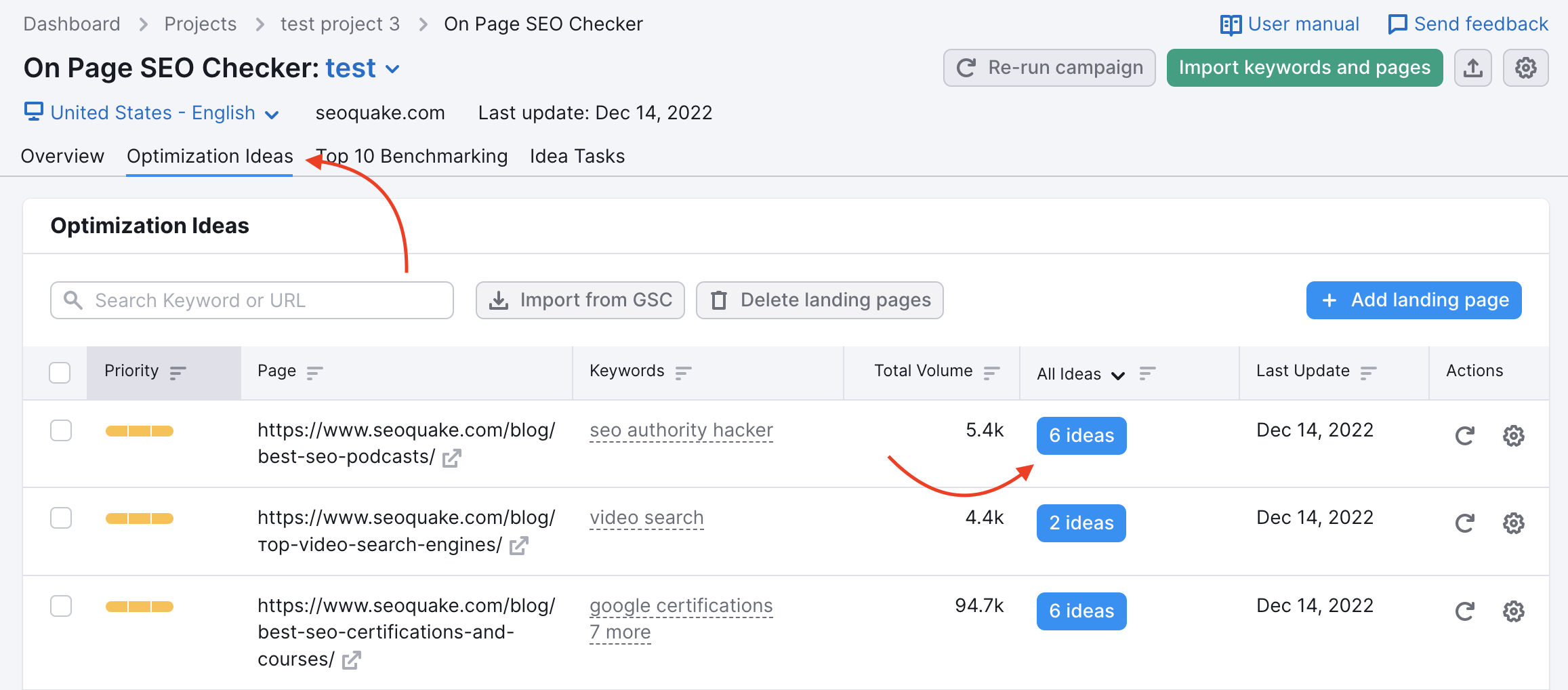 Pestaña Ideas de optimización de On Page SEO Checker. Una flecha roja señala la pestaña Ideas de optimización y otra flecha roja señala el botón Ideas. 