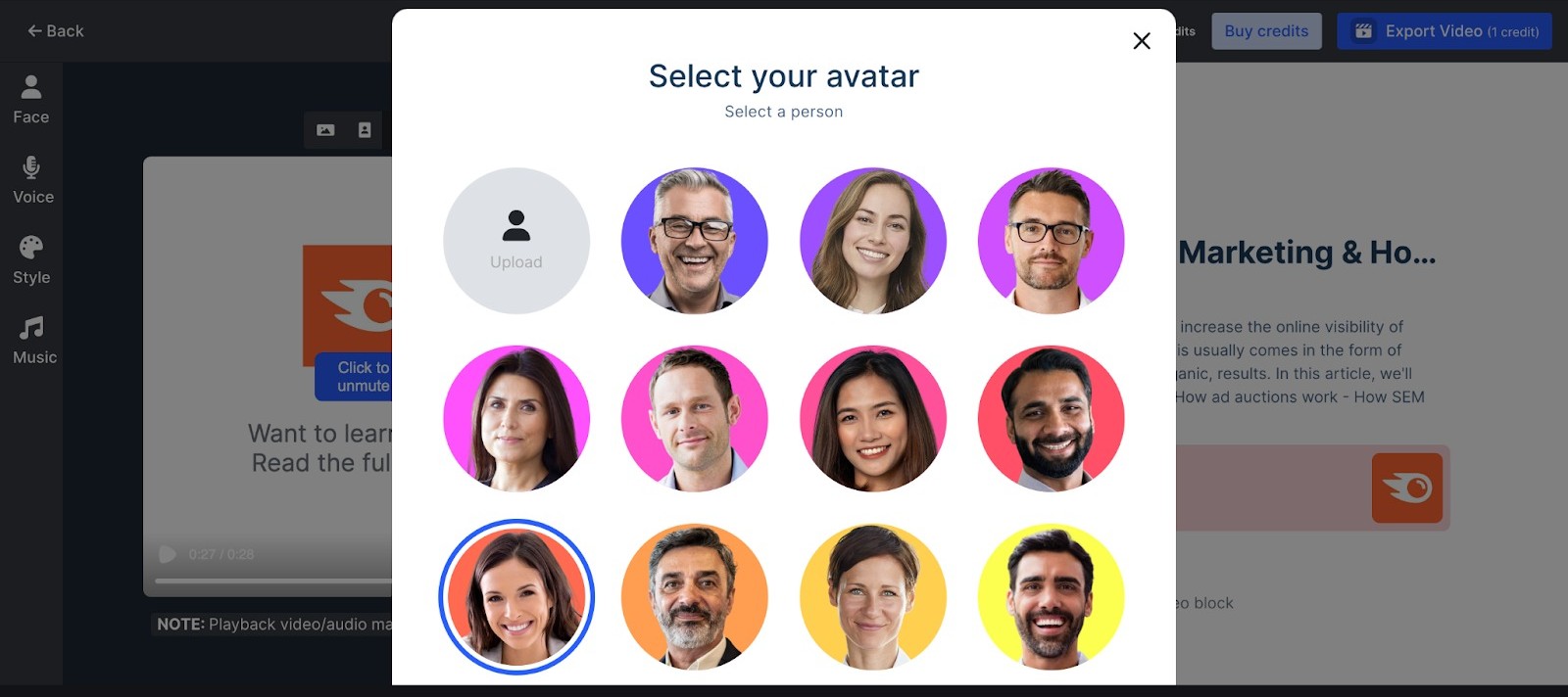List of avatar image options, as well as the option to upload your own.
