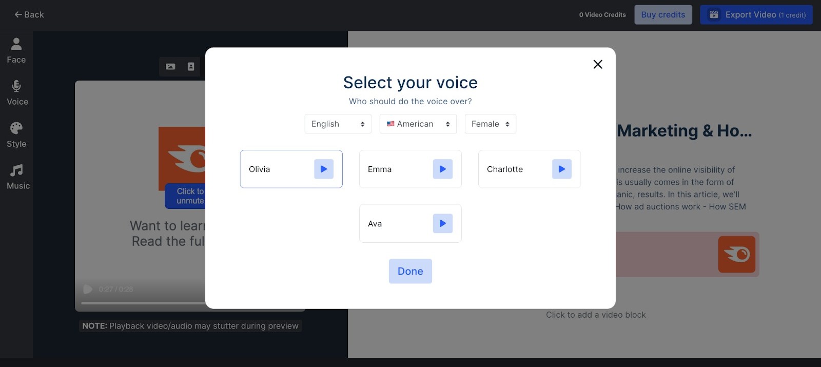 Sample voiceover settings. In this example, the options are set for English language, American accent, and female voice. From this, there are four different voice options, labeled Olivia, Emma, Charlotte, and Ava.