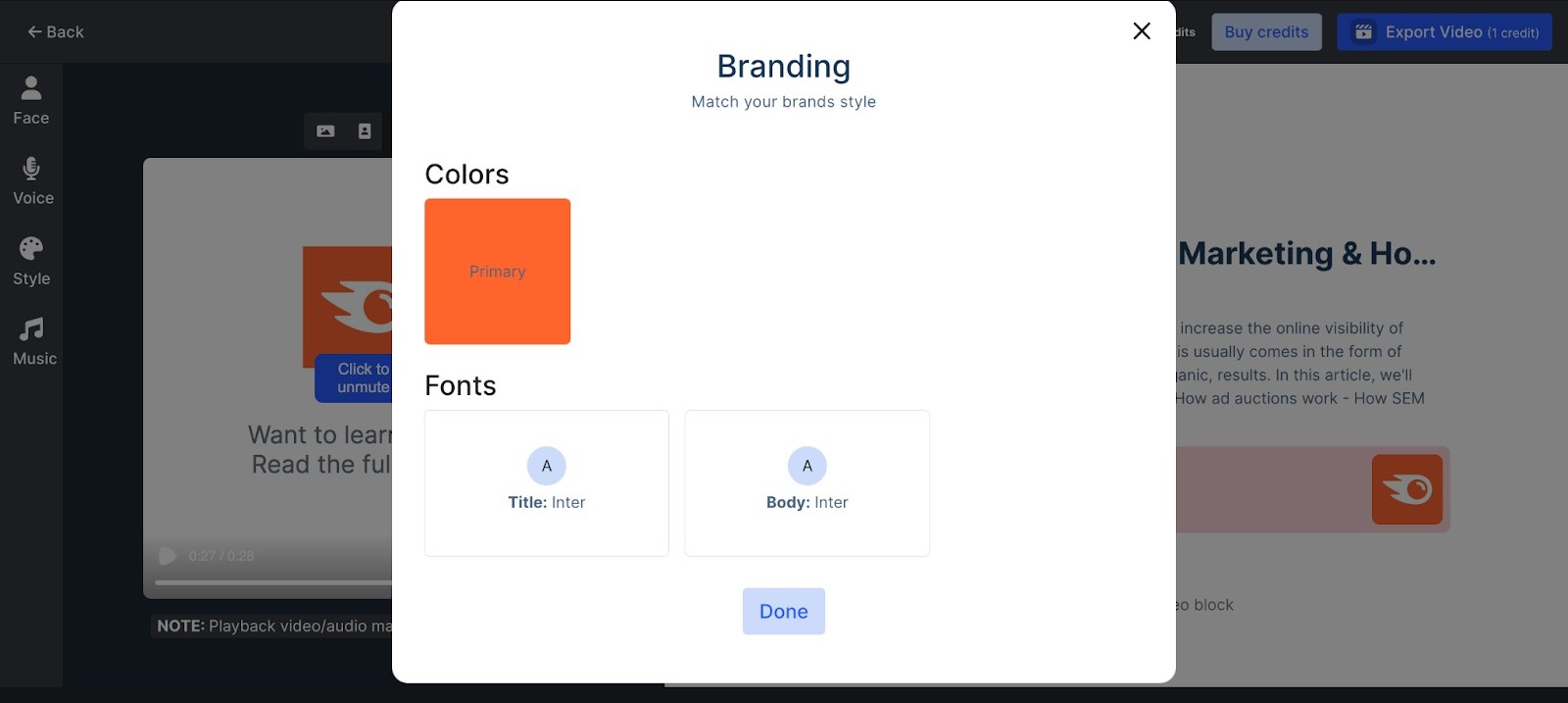 Options to set a primary brand color, a title font, and a body font.