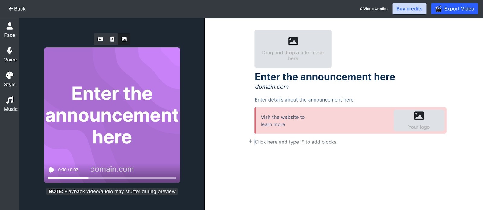 Prompts user to "Enter the announcement here," followed by a space to enter more details.