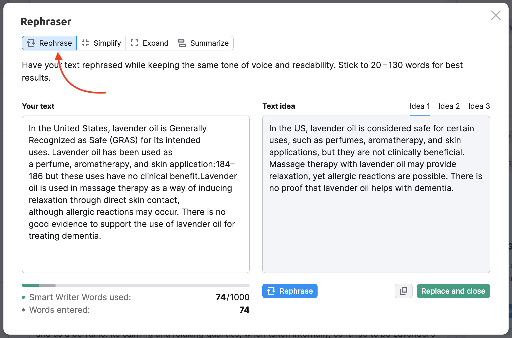 Example showing how to the Rephraser feature works. An arrow points to the "Rephrase" option in the menu. The example shows two boxes of text: one with your text and the other with the rephrased text idea. 