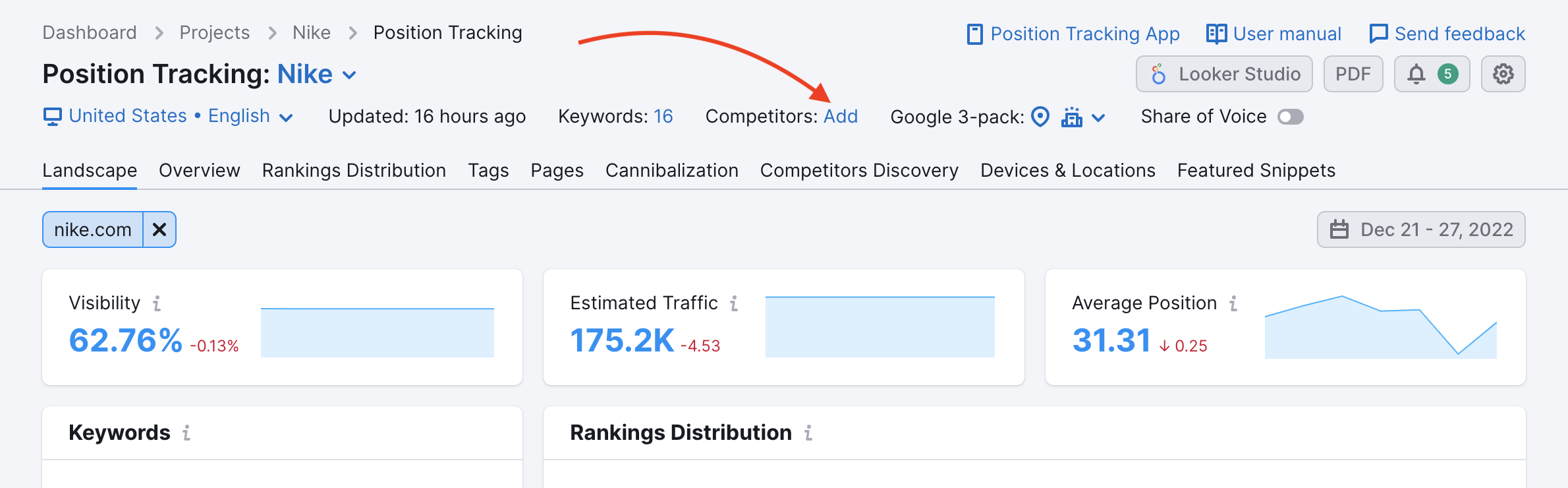 Position Tracking Landscape tab. A red arrow points to where to add competitors. 