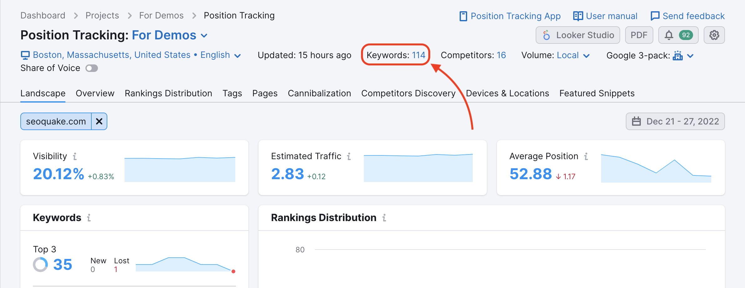 Number of keywords in Position Tracking