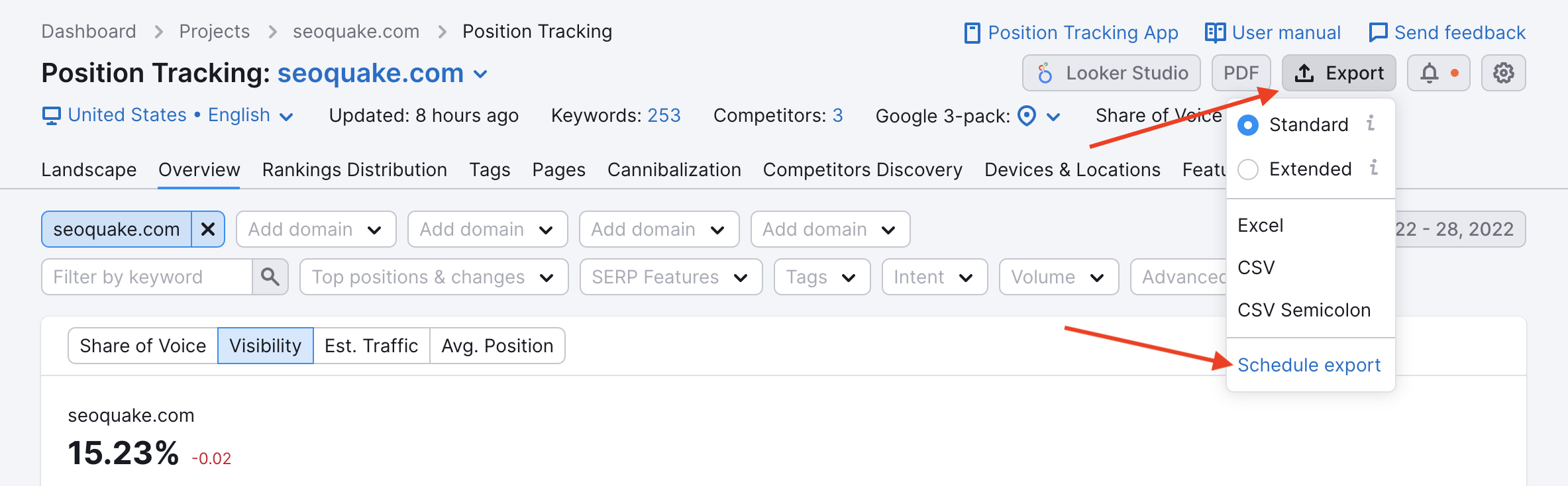 Exporting options in Position Tracking
