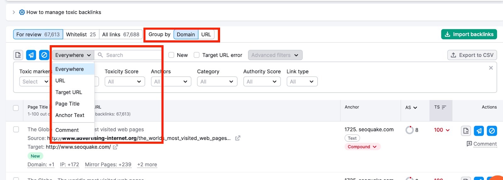 Visualizzazione dei filtri della scheda Audit di Backlink Audit. Due caselle rosse evidenziano l'opzione di ordinamento "Raggruppa per" e un menù a tendina con le seguenti opzioni di "Cerca": Ovunque, URL, URL target, Titolo della pagina, Testo anchor e Commento.