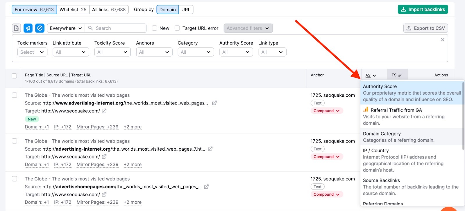 Audit tab in Backlink Audit. A cursor is hovering over the AS column header which opens the dropdown menu of metrics to choose for display: Authority Score, Referral Traffic from GA, Domain Category, IP/Country, Source Backlinks, Referring Domains, and more.