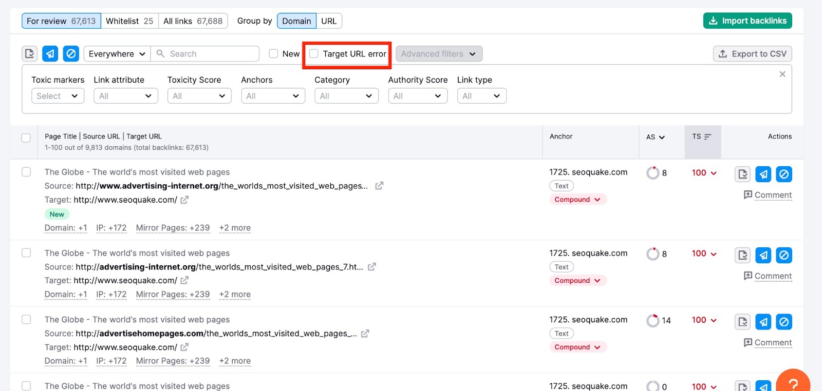 A list of backlinks for review in Backlink Audit. On top of the list, a Target URL Error checkbox is highlighted among other filters.