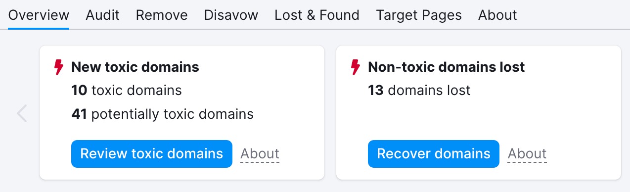 Beispiel für Profileinblicke im Tab „Übersicht“. Zwei Widgets informieren über neue toxische Domains sowie über nicht toxische Domains, die verloren gegangen sind.